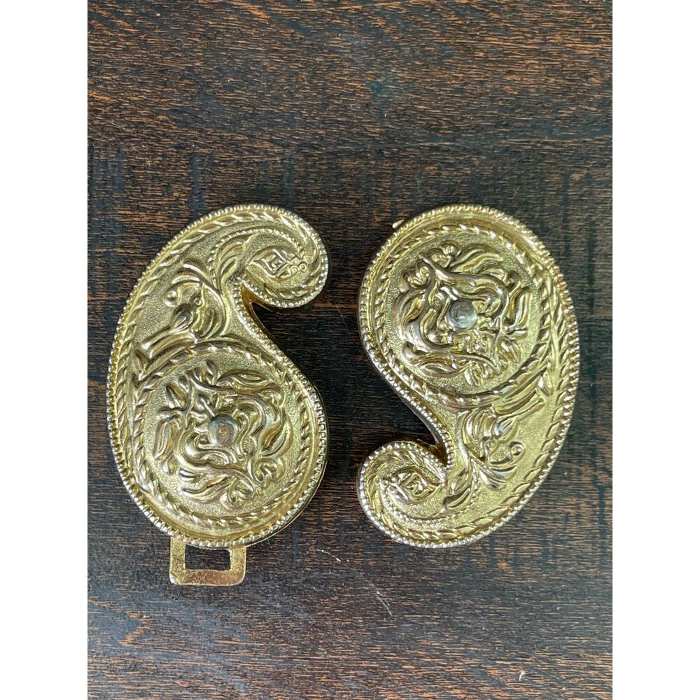 Ornate Gold Tone Paisley Buckle Clasp Pair Peacock Floral Boho Statement
